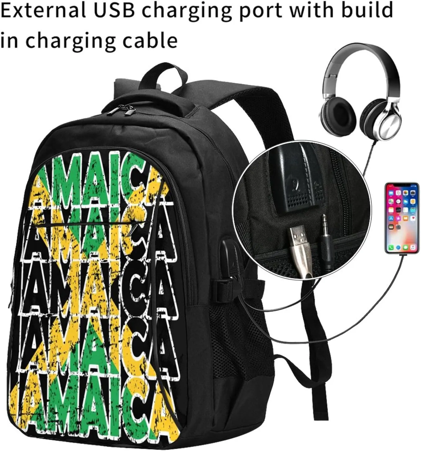 Jamaican Roots Jamaica Flag Casual Travel Backpacks Hiking Camping Backpack Large Outdoor Sport Daypack Laptop Rucksack Climbing Working Bags with USB Port