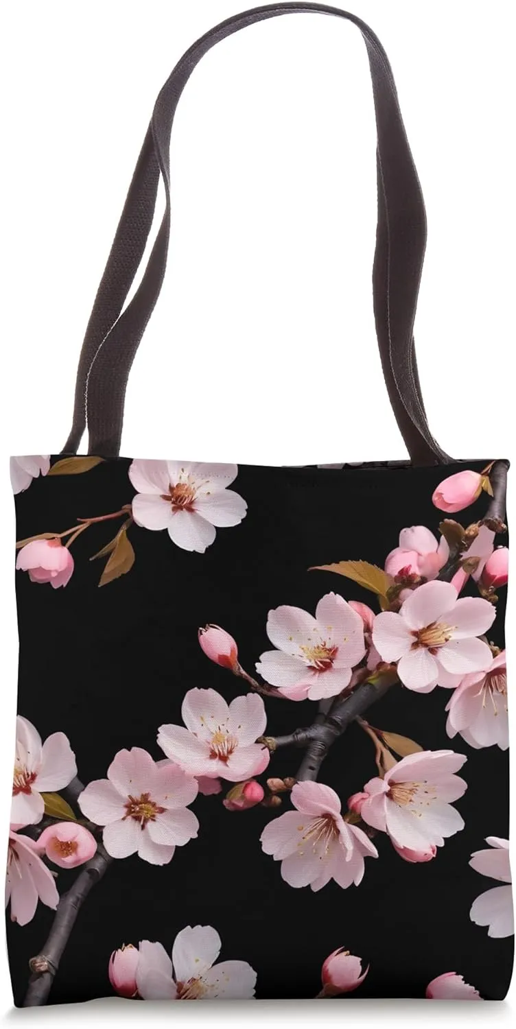 Japanese Pink Cherry Blossom Sakura Flower Black Blackground Tote Bag