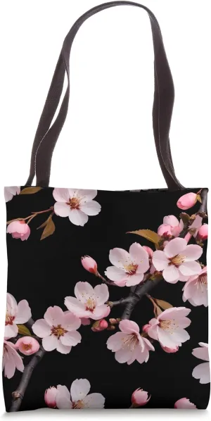 Japanese Pink Cherry Blossom Sakura Flower Black Blackground Tote Bag