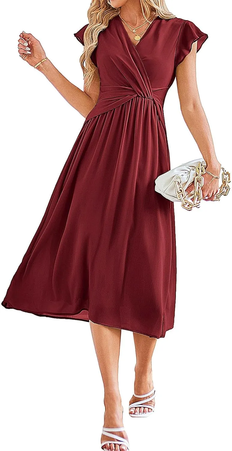 JASAMBAC Womens Dresses Casual Ruffle Short Sleeves Chiffon Empire Waist Elastic V-Neck Wedding Guest A-Line Maxi Dress