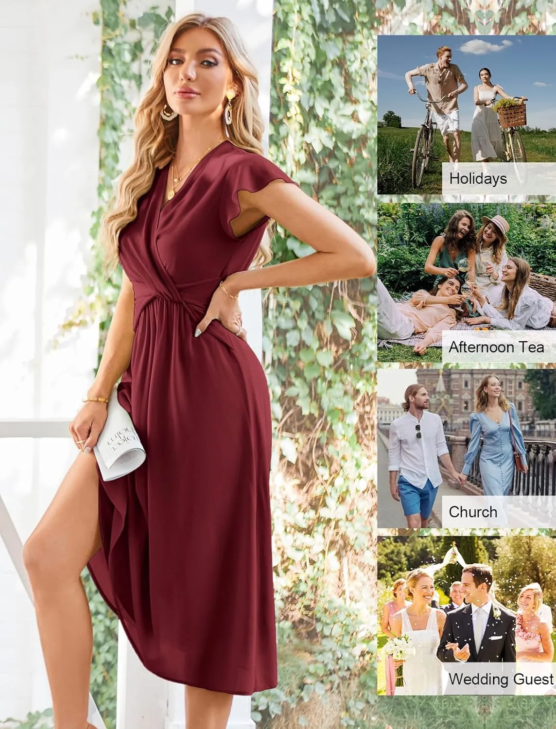 JASAMBAC Womens Dresses Casual Ruffle Short Sleeves Chiffon Empire Waist Elastic V-Neck Wedding Guest A-Line Maxi Dress