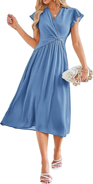 JASAMBAC Womens Dresses Casual Ruffle Short Sleeves Chiffon Empire Waist Elastic V-Neck Wedding Guest A-Line Maxi Dress