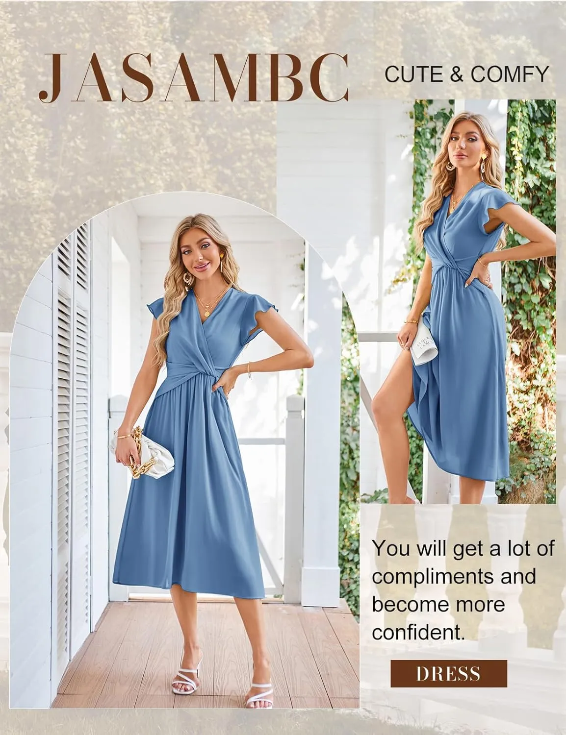 JASAMBAC Womens Dresses Casual Ruffle Short Sleeves Chiffon Empire Waist Elastic V-Neck Wedding Guest A-Line Maxi Dress