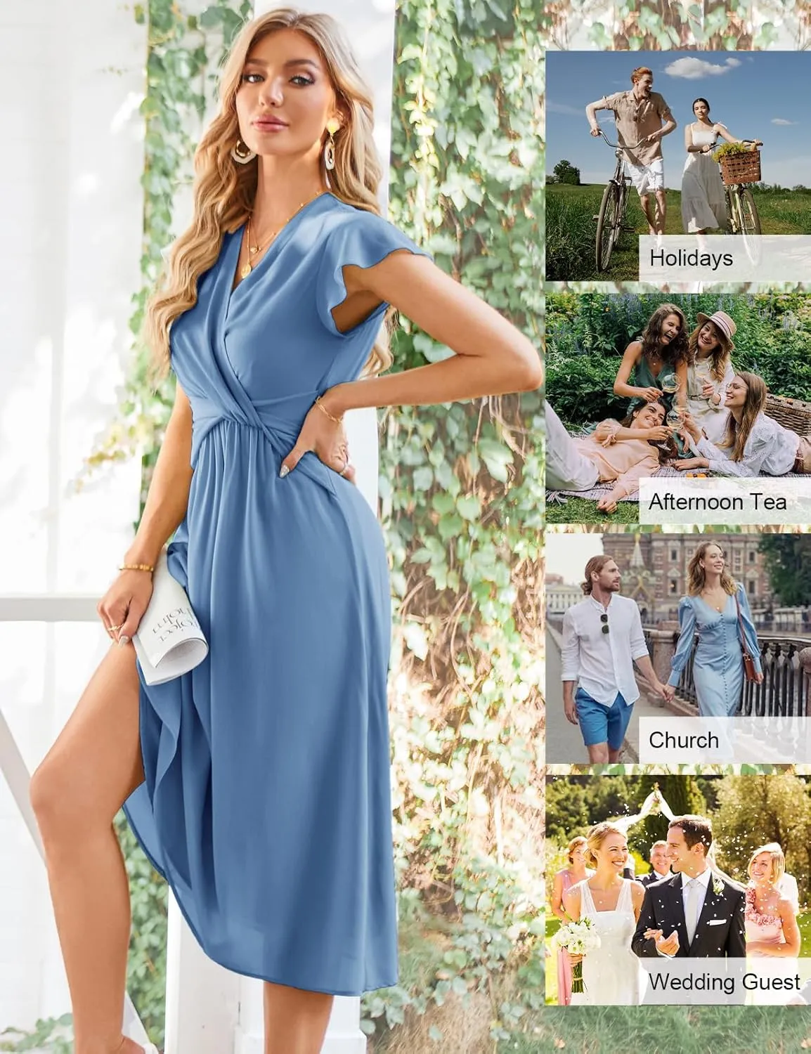 JASAMBAC Womens Dresses Casual Ruffle Short Sleeves Chiffon Empire Waist Elastic V-Neck Wedding Guest A-Line Maxi Dress