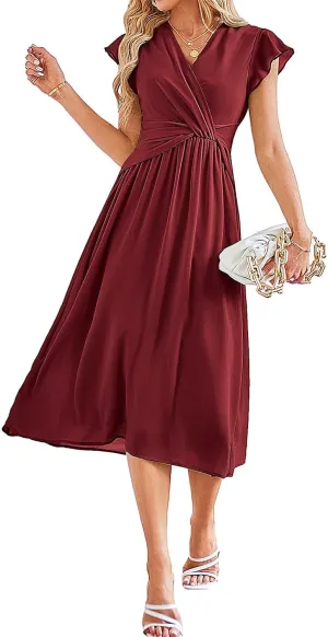 JASAMBAC Womens Dresses Casual Ruffle Short Sleeves Chiffon Empire Waist Elastic V-Neck Wedding Guest A-Line Maxi Dress