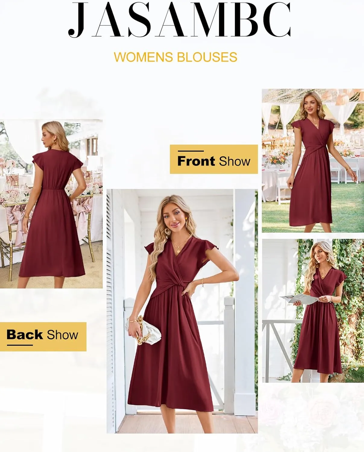 JASAMBAC Womens Dresses Casual Ruffle Short Sleeves Chiffon Empire Waist Elastic V-Neck Wedding Guest A-Line Maxi Dress