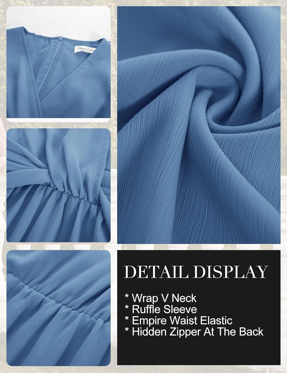 JASAMBAC Womens Dresses Casual Ruffle Short Sleeves Chiffon Empire Waist Elastic V-Neck Wedding Guest A-Line Maxi Dress