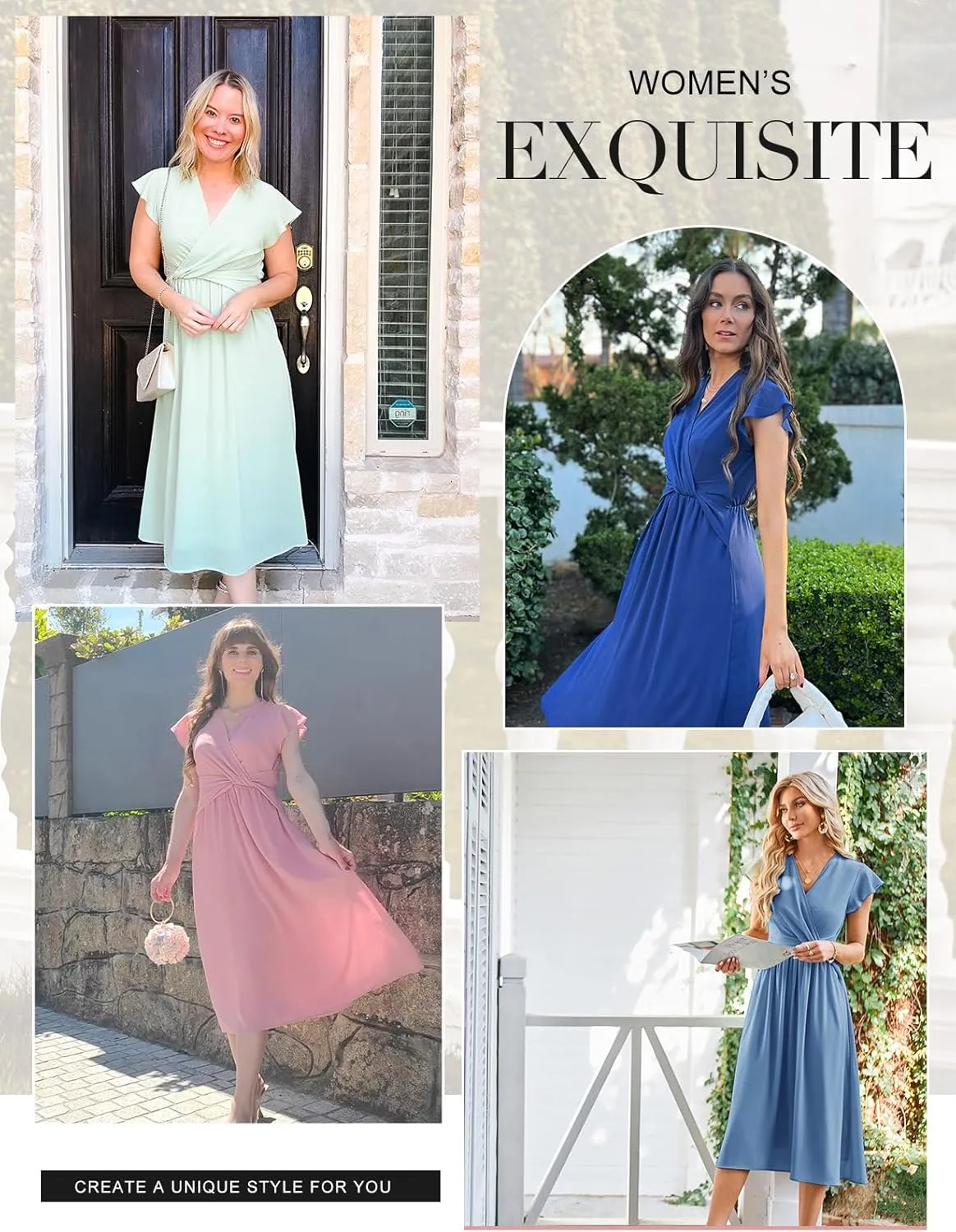 JASAMBAC Womens Dresses Casual Ruffle Short Sleeves Chiffon Empire Waist Elastic V-Neck Wedding Guest A-Line Maxi Dress