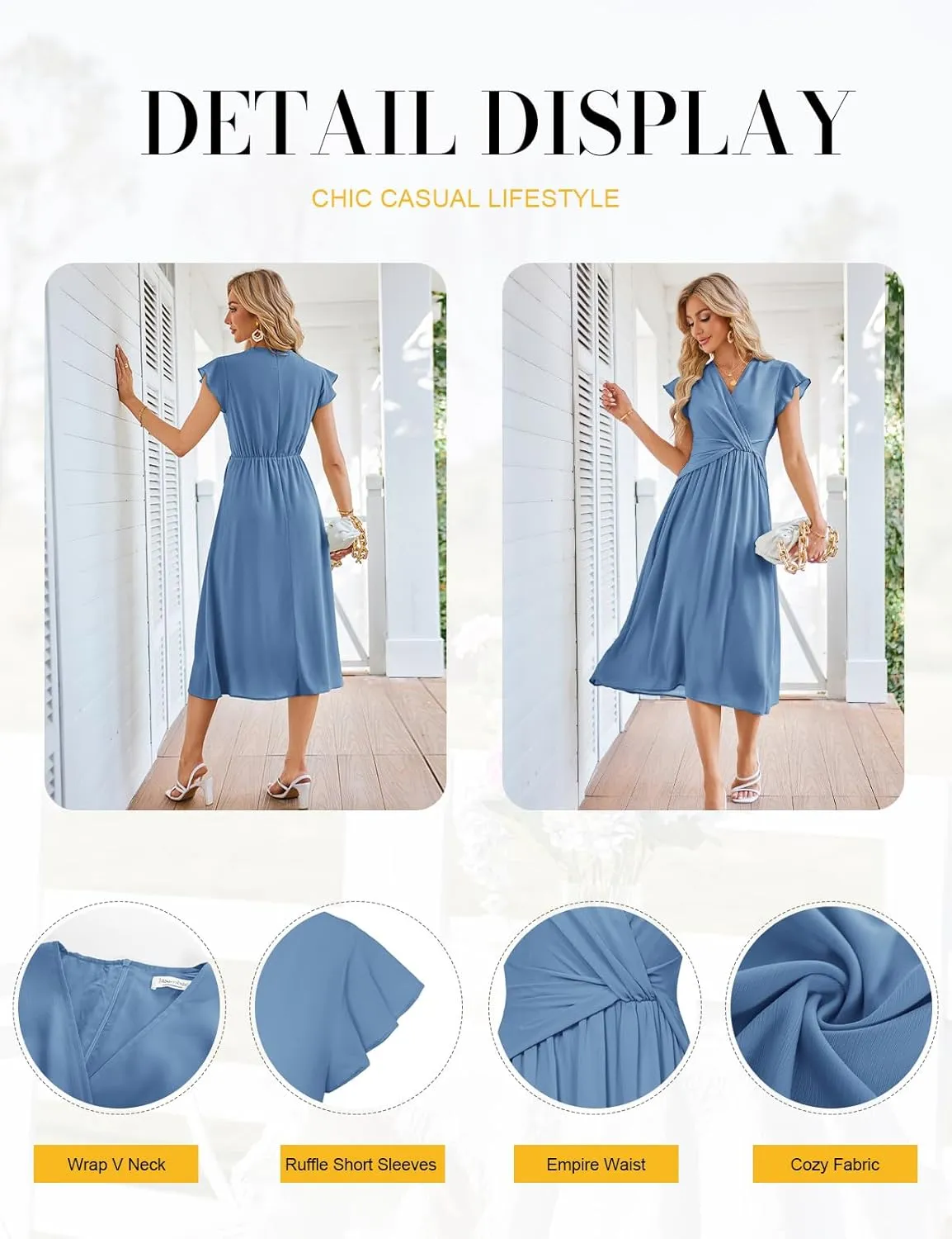 JASAMBAC Womens Dresses Casual Ruffle Short Sleeves Chiffon Empire Waist Elastic V-Neck Wedding Guest A-Line Maxi Dress