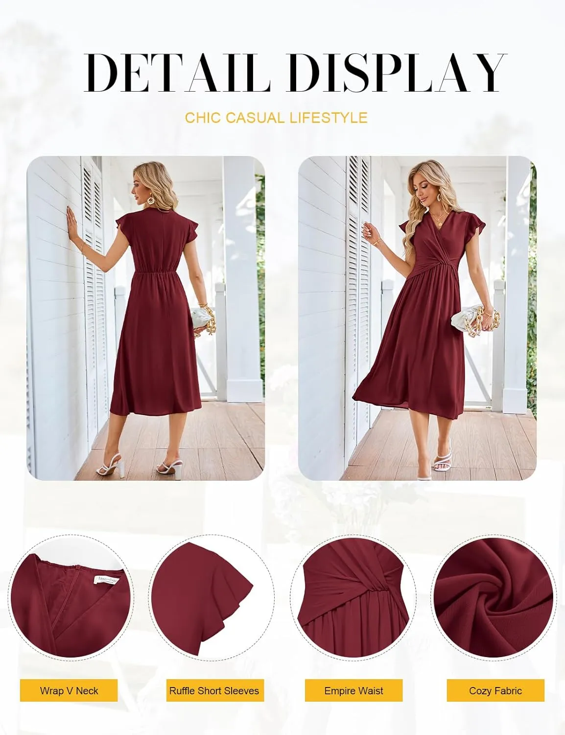 JASAMBAC Womens Dresses Casual Ruffle Short Sleeves Chiffon Empire Waist Elastic V-Neck Wedding Guest A-Line Maxi Dress