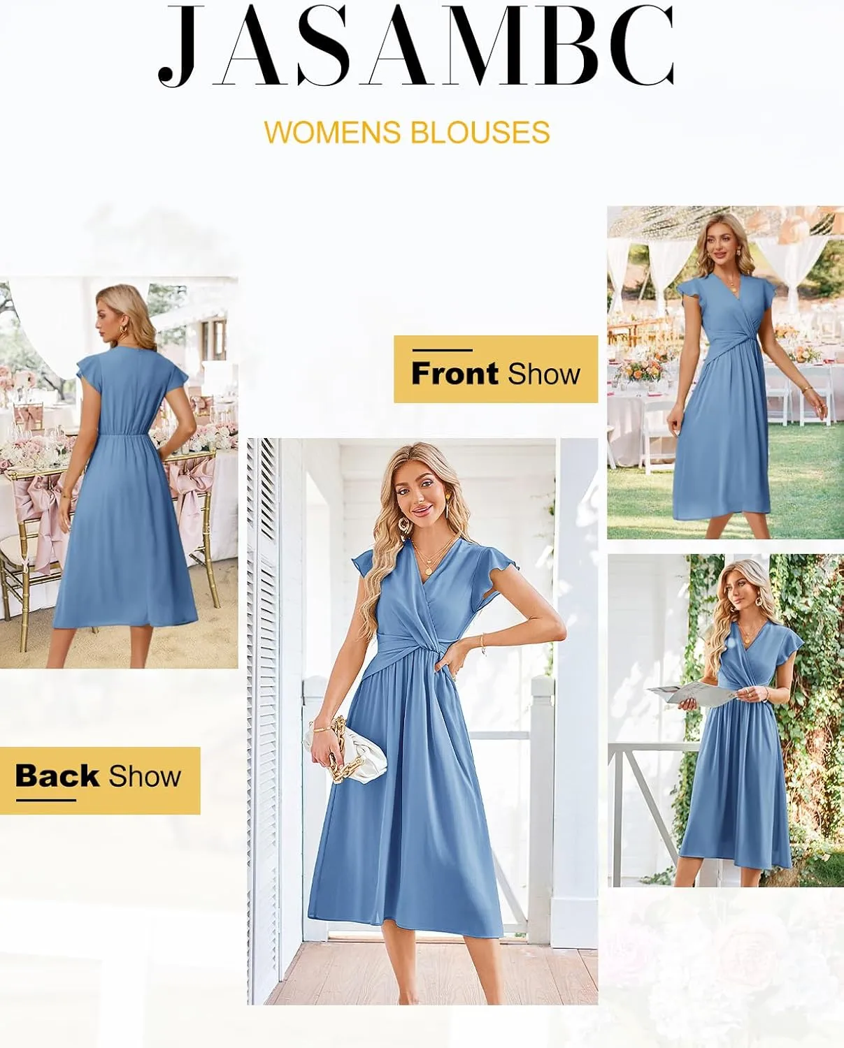 JASAMBAC Womens Dresses Casual Ruffle Short Sleeves Chiffon Empire Waist Elastic V-Neck Wedding Guest A-Line Maxi Dress
