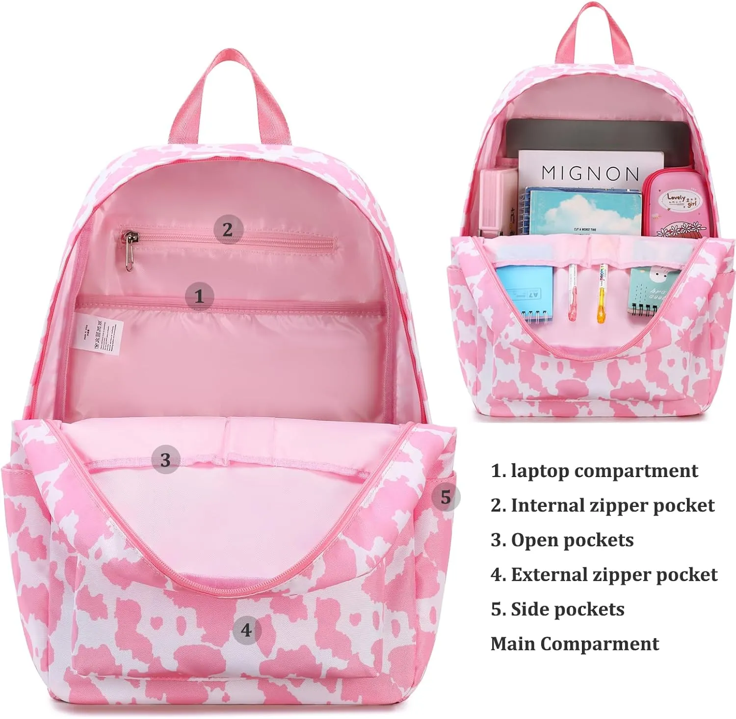 JIANYA Girls Backpack for School, Cow Print Backpack Elementary Kids School Bag Travel Back Pack Pink Bookbag for Girl