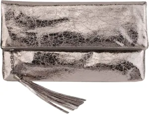 JNB Women's Cracked Metallic Fabric Foldover Clutch with Tassel