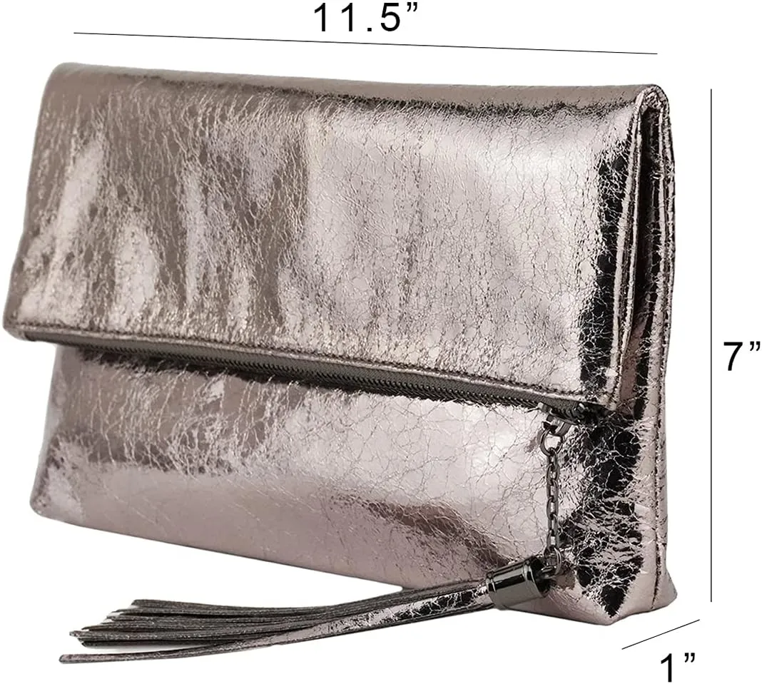JNB Women's Cracked Metallic Fabric Foldover Clutch with Tassel