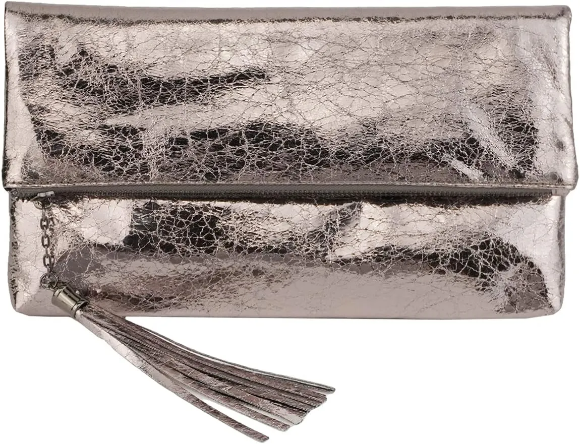 JNB Women's Cracked Metallic Fabric Foldover Clutch with Tassel
