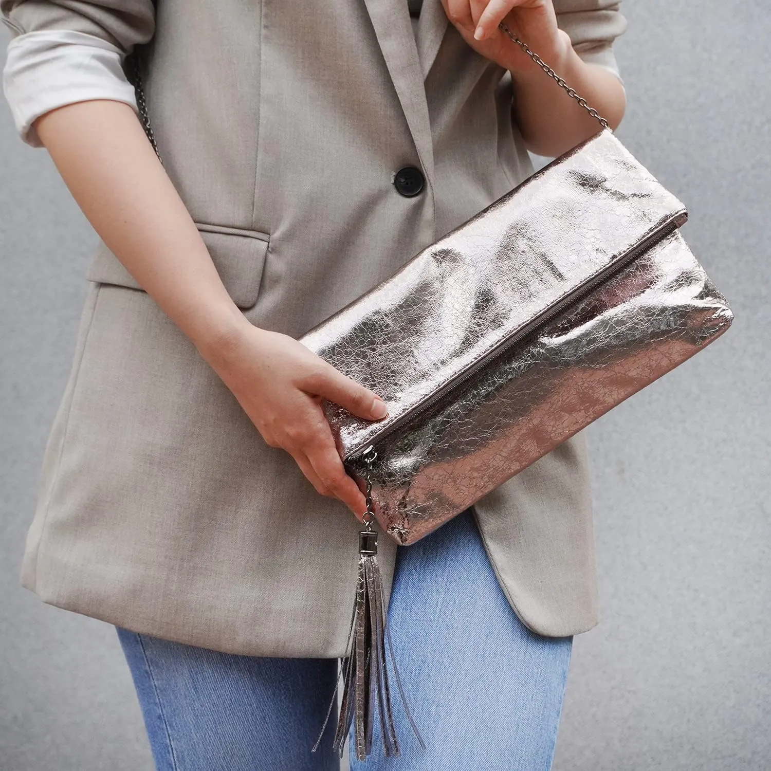 JNB Women's Cracked Metallic Fabric Foldover Clutch with Tassel