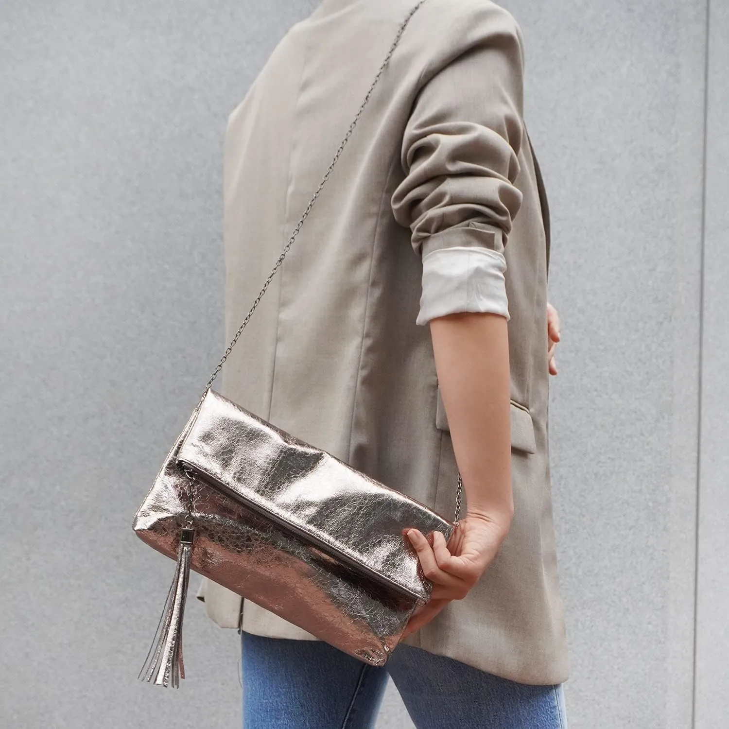 JNB Women's Cracked Metallic Fabric Foldover Clutch with Tassel