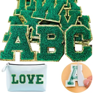 Jongdari Chenille Letter Patches Self-Adhesive & Iron-On Letters, 52pcs Varsity Fuzzy Patch Glitter Alphabet - 52pcs, Green