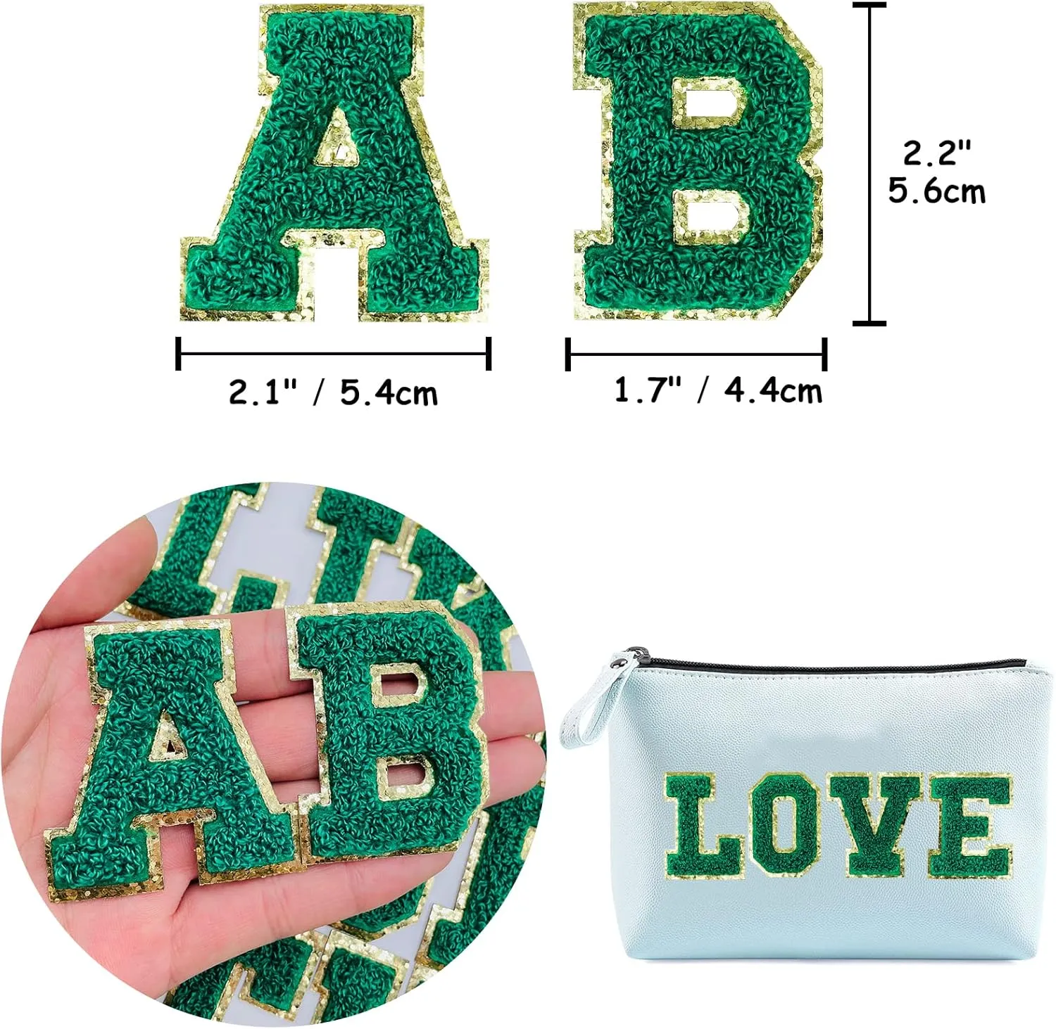 Jongdari Chenille Letter Patches Self-Adhesive & Iron-On Letters, 52pcs Varsity Fuzzy Patch Glitter Alphabet - 52pcs, Green