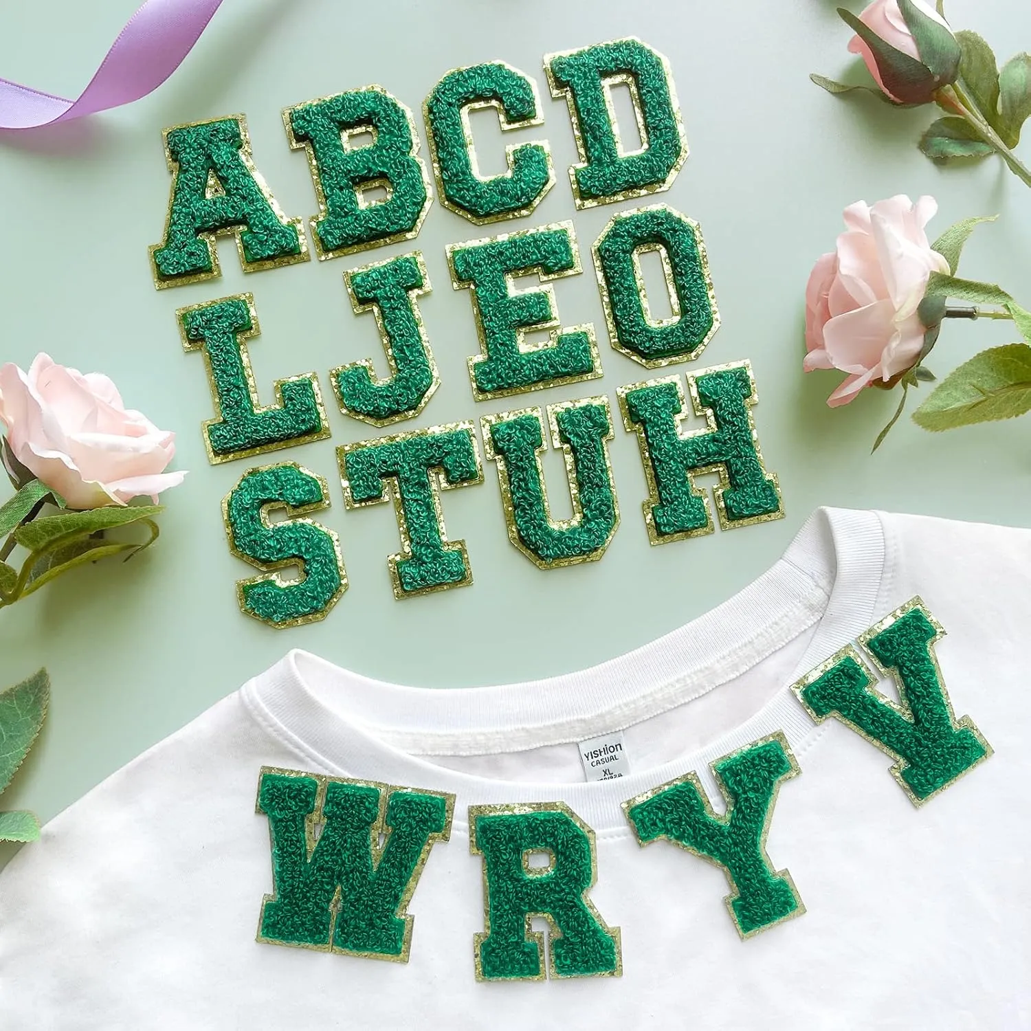 Jongdari Chenille Letter Patches Self-Adhesive & Iron-On Letters, 52pcs Varsity Fuzzy Patch Glitter Alphabet - 52pcs, Green