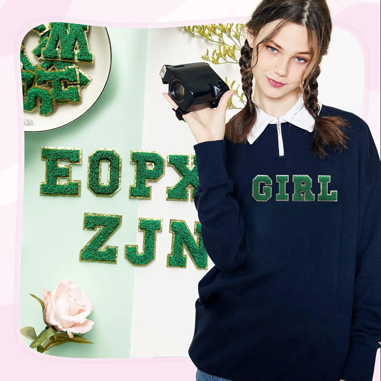 Jongdari Chenille Letter Patches Self-Adhesive & Iron-On Letters, 52pcs Varsity Fuzzy Patch Glitter Alphabet - 52pcs, Green