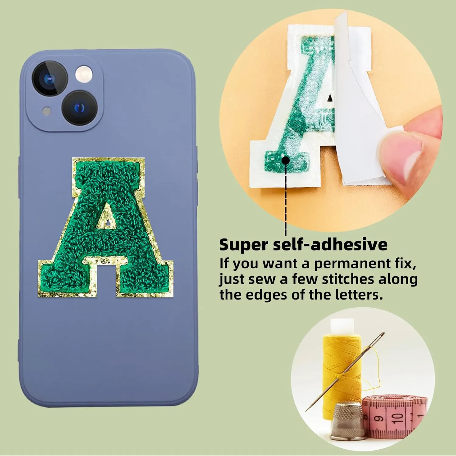 Jongdari Chenille Letter Patches Self-Adhesive & Iron-On Letters, 52pcs Varsity Fuzzy Patch Glitter Alphabet - 52pcs, Green
