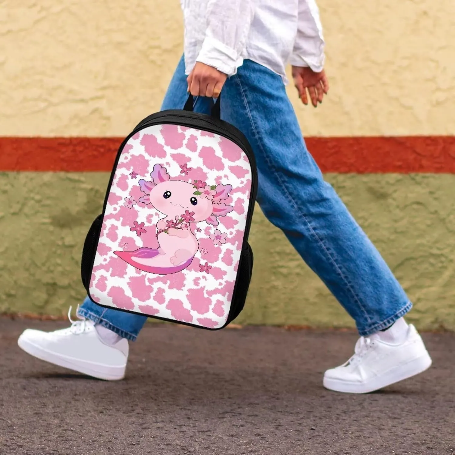 JoyLamoria Backpack Crossbody Bag Messenger Bag Lightweight Handbag Tote Shoulder Bag for Boys Girls, Axolotl Cow Print
