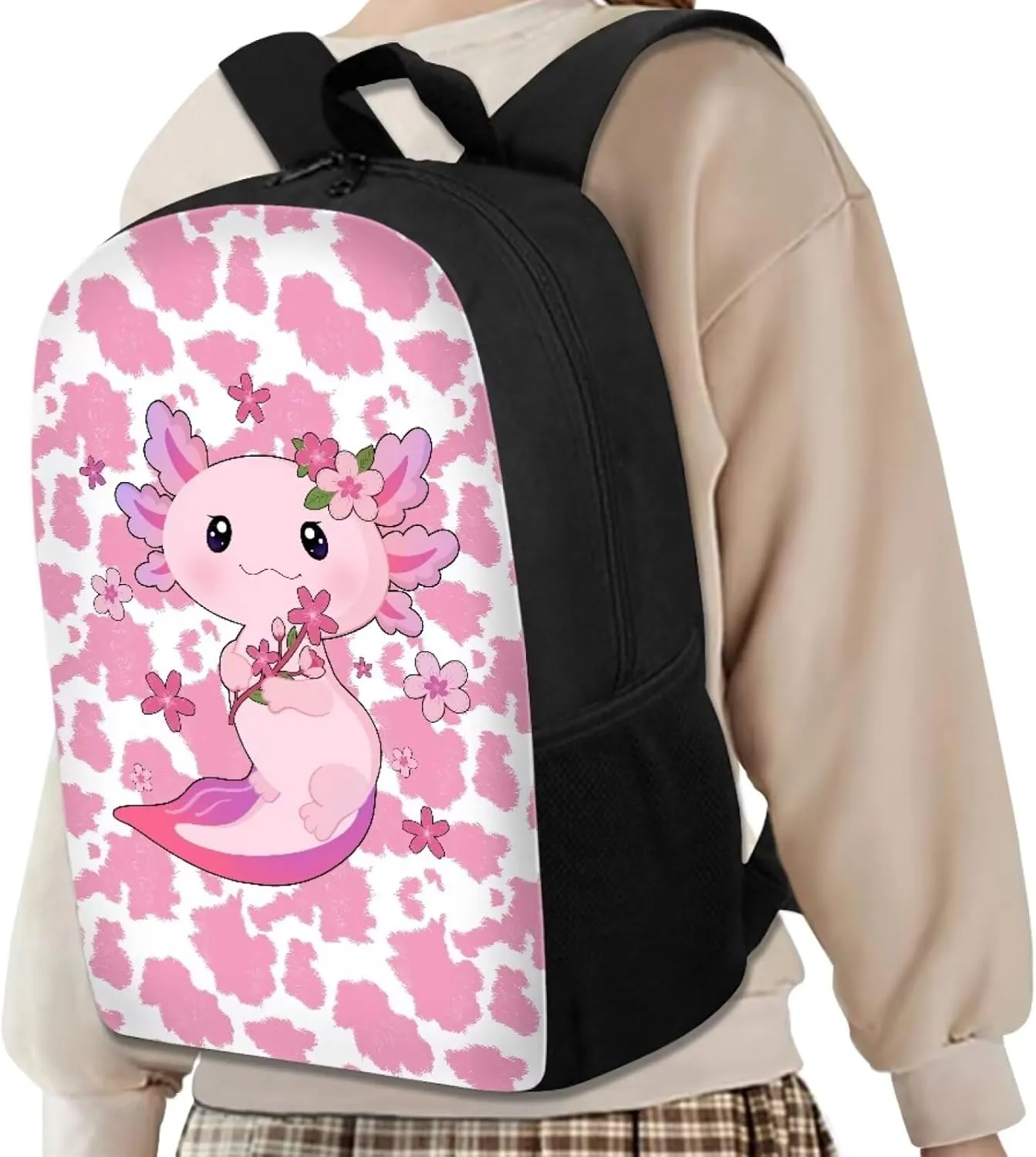 JoyLamoria Backpack Crossbody Bag Messenger Bag Lightweight Handbag Tote Shoulder Bag for Boys Girls, Axolotl Cow Print
