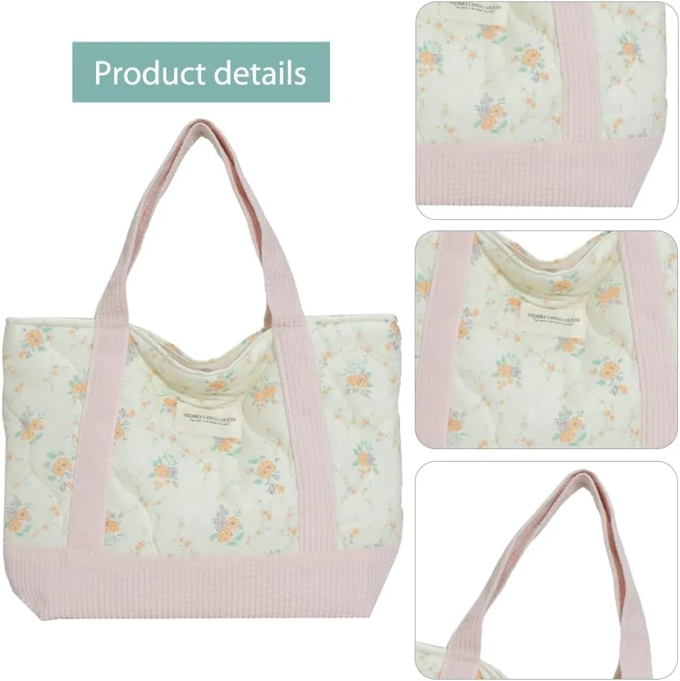JQWSVE Floral Tote Bag for Women - Coquette Aesthetic Purse - Cute Cotton Quilted Hobo Handbag - Lightweight Small Puffer