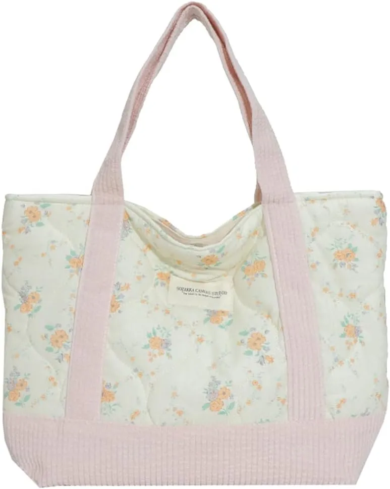 JQWSVE Floral Tote Bag for Women - Coquette Aesthetic Purse - Cute Cotton Quilted Hobo Handbag - Lightweight Small Puffer
