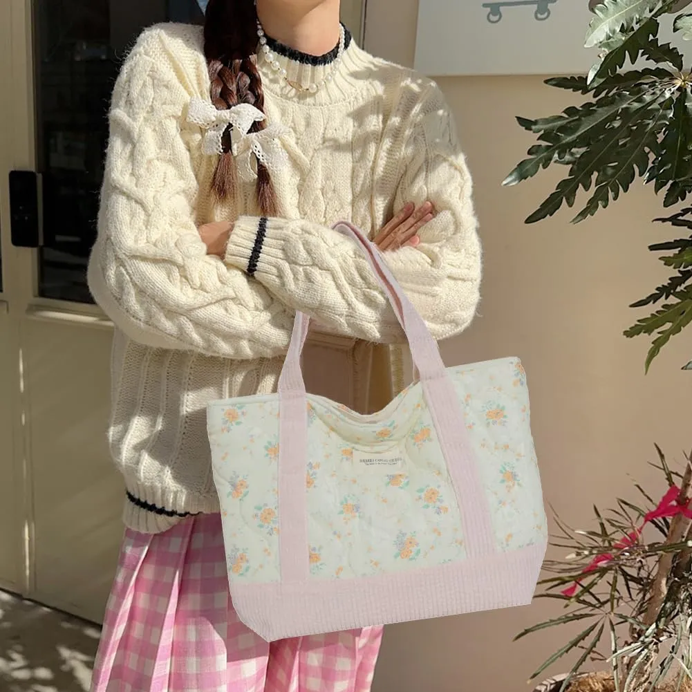 JQWSVE Floral Tote Bag for Women - Coquette Aesthetic Purse - Cute Cotton Quilted Hobo Handbag - Lightweight Small Puffer