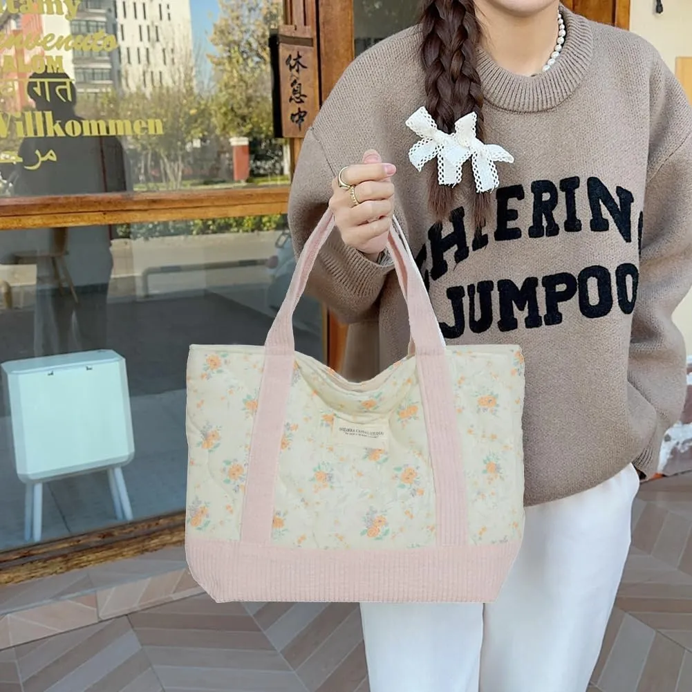 JQWSVE Floral Tote Bag for Women - Coquette Aesthetic Purse - Cute Cotton Quilted Hobo Handbag - Lightweight Small Puffer