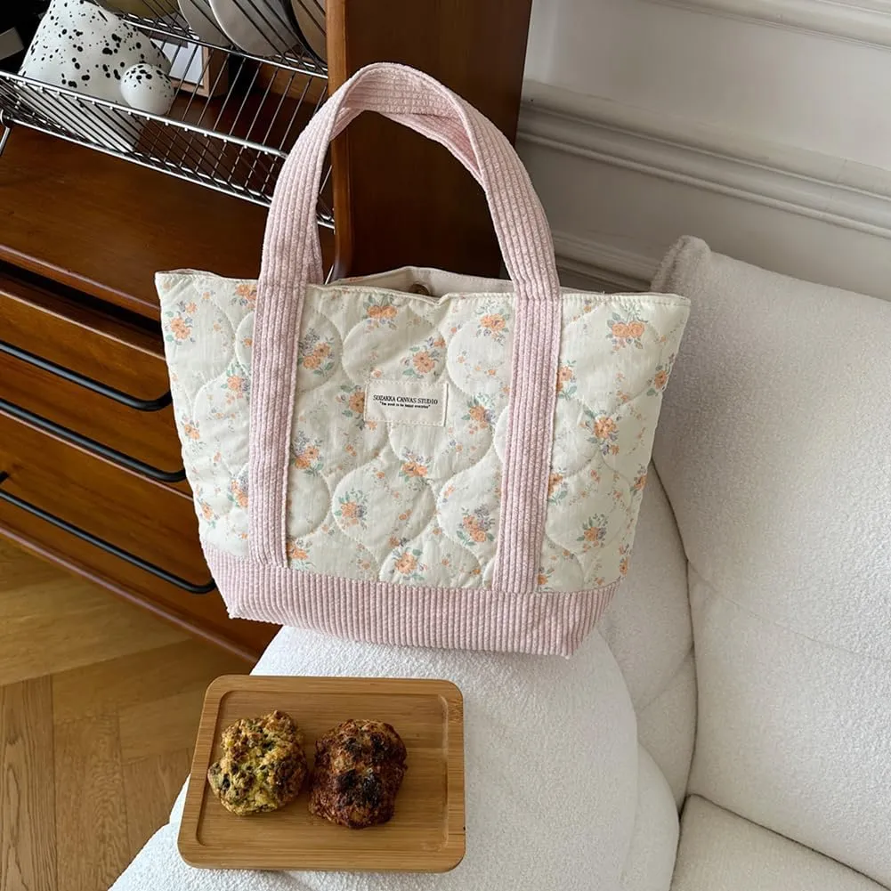 JQWSVE Floral Tote Bag for Women - Coquette Aesthetic Purse - Cute Cotton Quilted Hobo Handbag - Lightweight Small Puffer