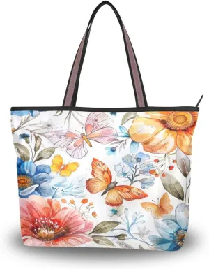 JSTEL Butterfly Handbag for Women with Zipper,Flower Purse Floral Tote Bag for Work Business,83