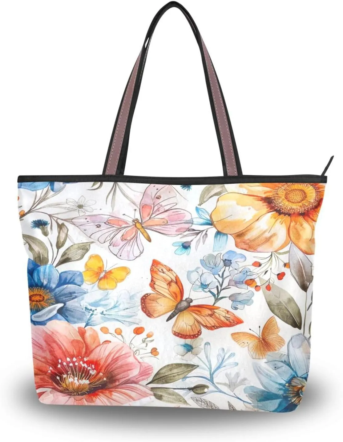 JSTEL Butterfly Handbag for Women with Zipper,Flower Purse Floral Tote Bag for Work Business,83