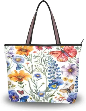 JSTEL Butterfly Handbag for Women with Zipper,Flower Purse Floral Tote Bag for Work Business,84