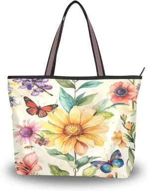 JSTEL Butterfly Handbag for Women with Zipper,Flower Purse Floral Tote Bag for Work Business,86