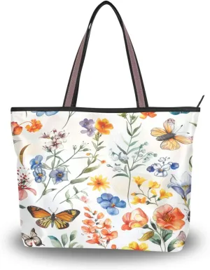 JSTEL Butterfly Handbag for Women with Zipper,Flower Purse Floral Tote Bag for Work Business,87