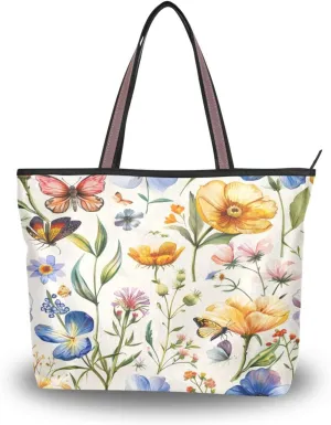 JSTEL Butterfly Handbag for Women with Zipper,Flower Purse Floral Tote Bag for Work Business,89