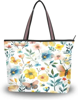 JSTEL Women Butterfly Tote Purse with Pocket,Flower Handbag Polyester Tote Bag Floral Tote Purse,86