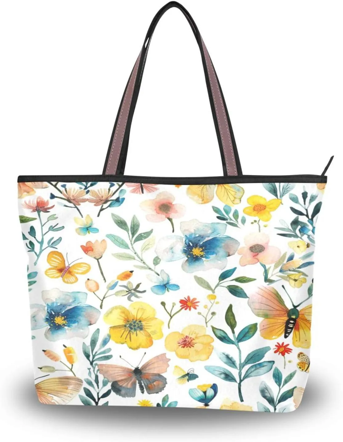 JSTEL Women Butterfly Tote Purse with Pocket,Flower Handbag Polyester Tote Bag Floral Tote Purse,86