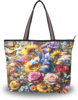 JSTEL Women Butterfly Tote Purse with Pocket,Flower Handbag Polyester Tote Bag Floral Tote Purse,89