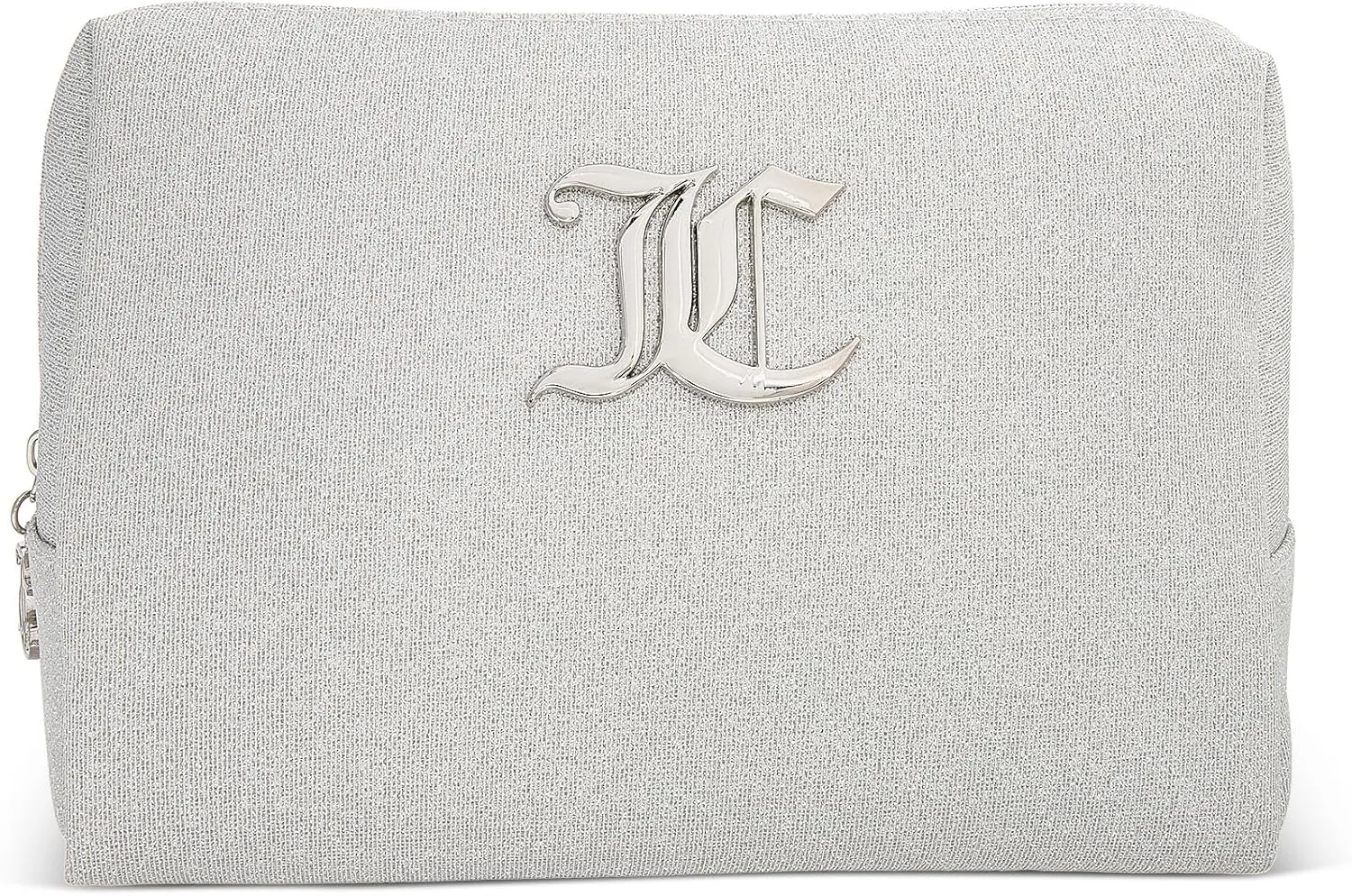 Juicy Couture Women's Cosmetics Bag - Travel Makeup and Toiletries Clutch Wedge Pouch, Silver Glitter