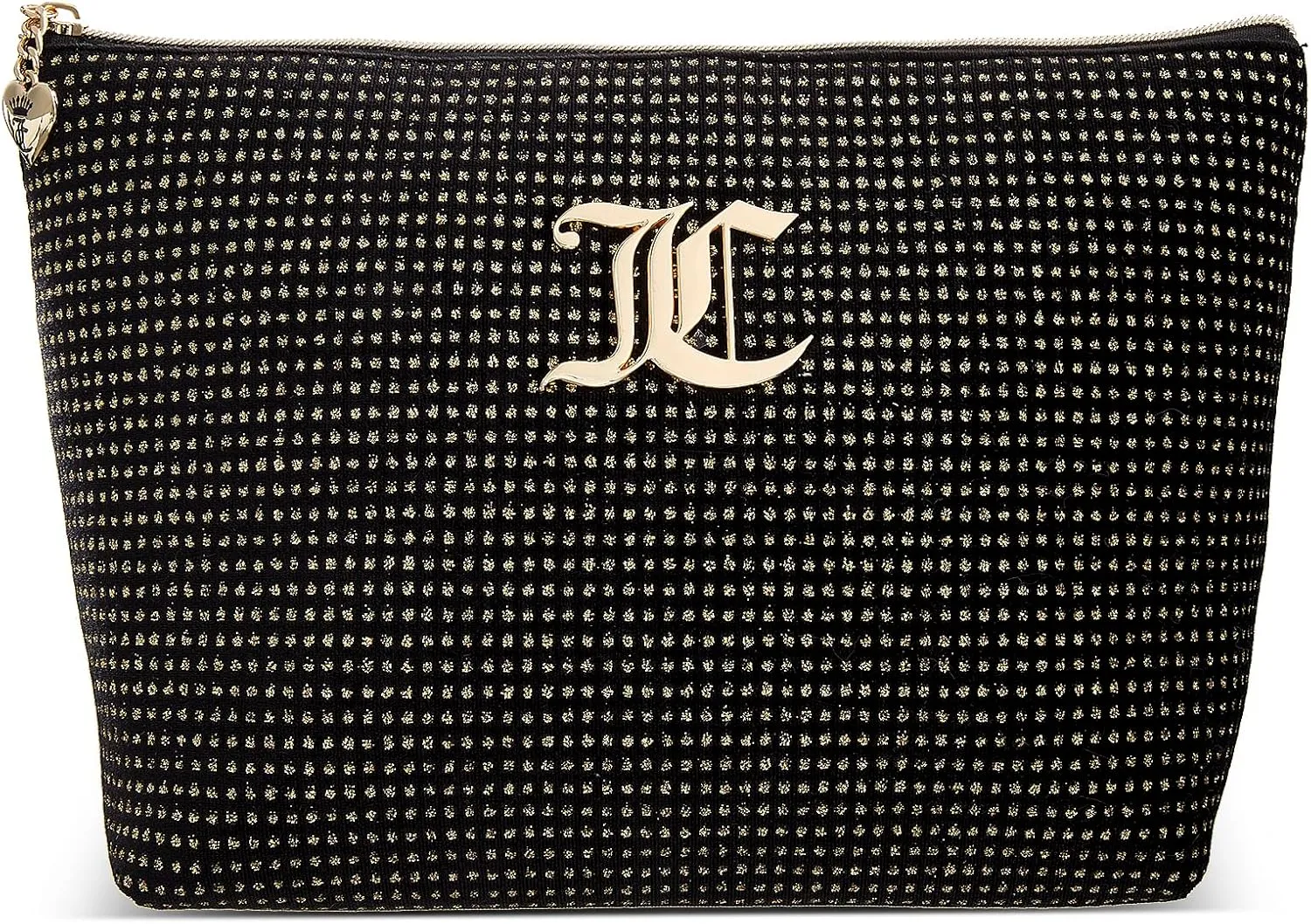Juicy Couture Women's Cosmetics Bag - Travel Makeup and Toiletries Top Zip Wedge Pouch, Size One Size, Black, Metal Logo with Glitter Dots
