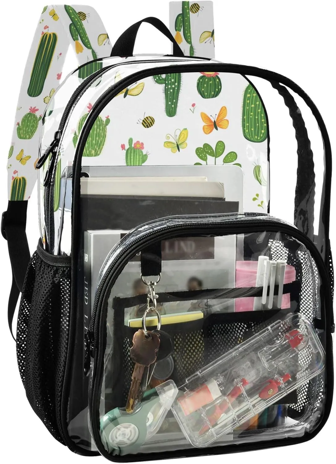 JUNZAN Cartoon Cactus White Kids Hike Backpack with Bottle Pockets Student Books Bag Travling
