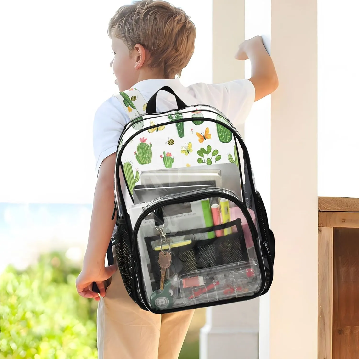 JUNZAN Cartoon Cactus White Kids Hike Backpack with Bottle Pockets Student Books Bag Travling