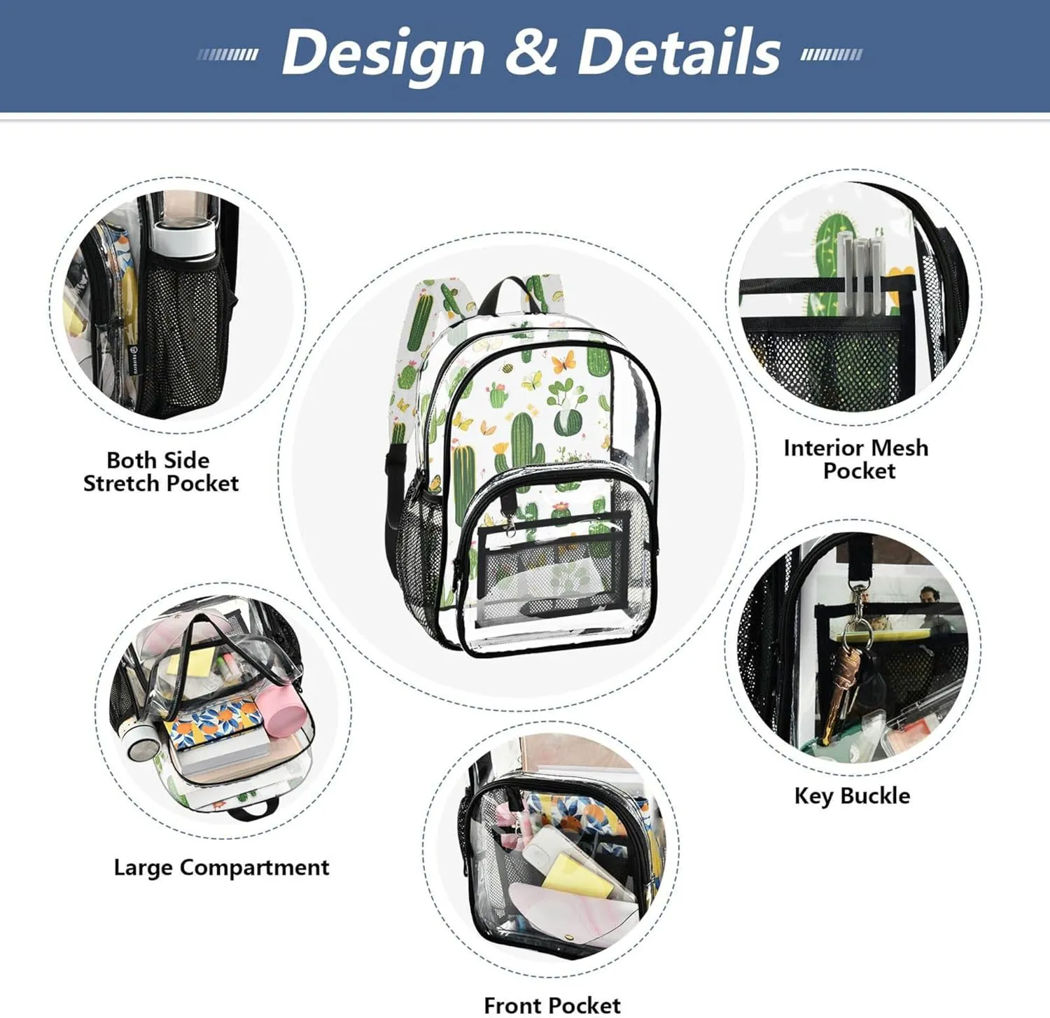 JUNZAN Cartoon Cactus White Kids Hike Backpack with Bottle Pockets Student Books Bag Travling
