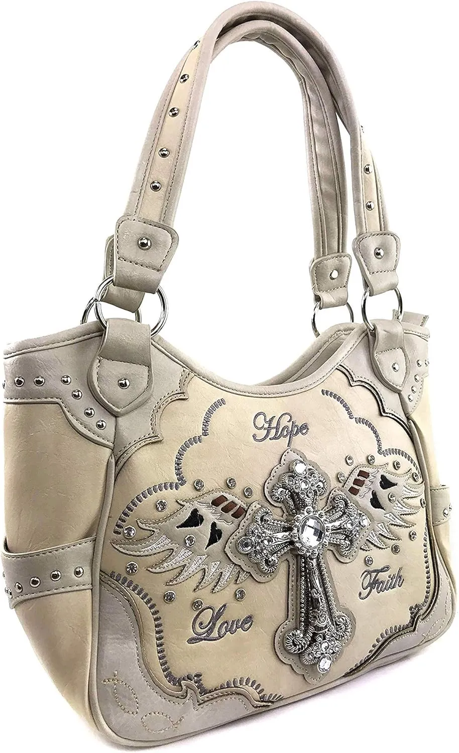 Justin West Western Floral Wing Embroidery Laser Cut Rhinestone Silver Cross Studded Shoulder Tote Handbag Purse Wallet