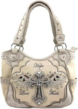 Justin West Western Floral Wing Embroidery Laser Cut Rhinestone Silver Cross Studded Shoulder Tote Handbag Purse Wallet