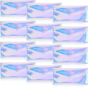 Kacctyen 12 Pcs Holographic Makeup Bag Iridescent Clear Cosmetic Pouch Transparent Pencil Makeup Gift Bag Waterproof Purse Small Holographic Wallet for Women Toiletry Travel(7.87 x 3.54 Inch)